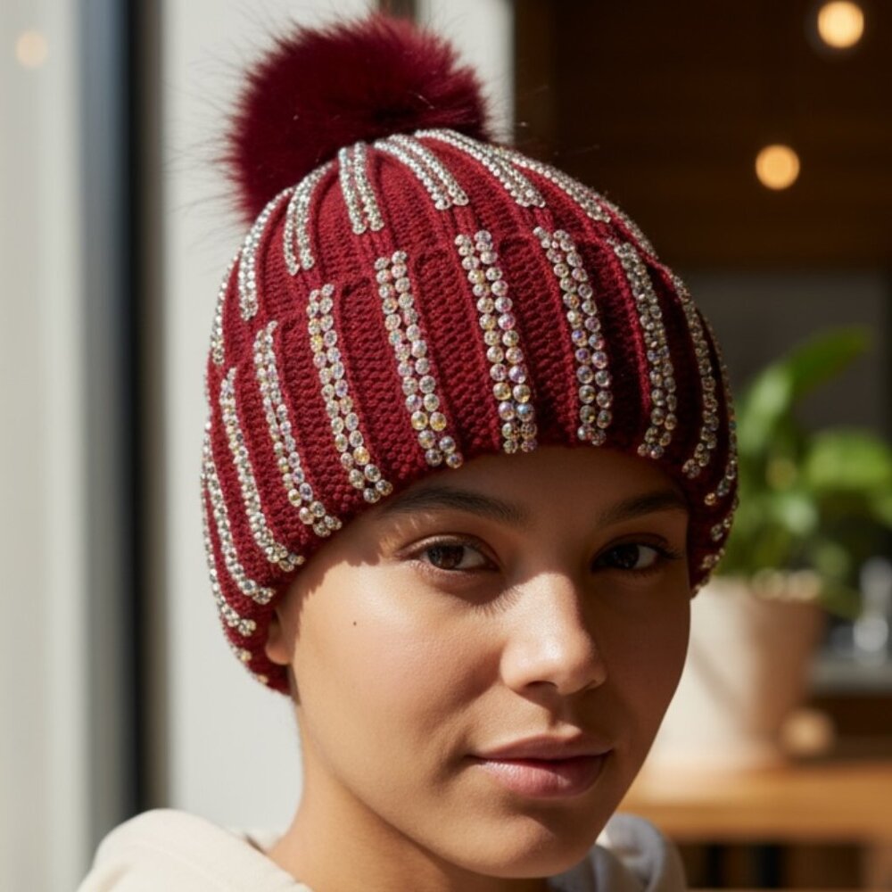 NEW Blinged out Burgundy Red Knitted Winter Hat with Furry Pompom Rhinestones